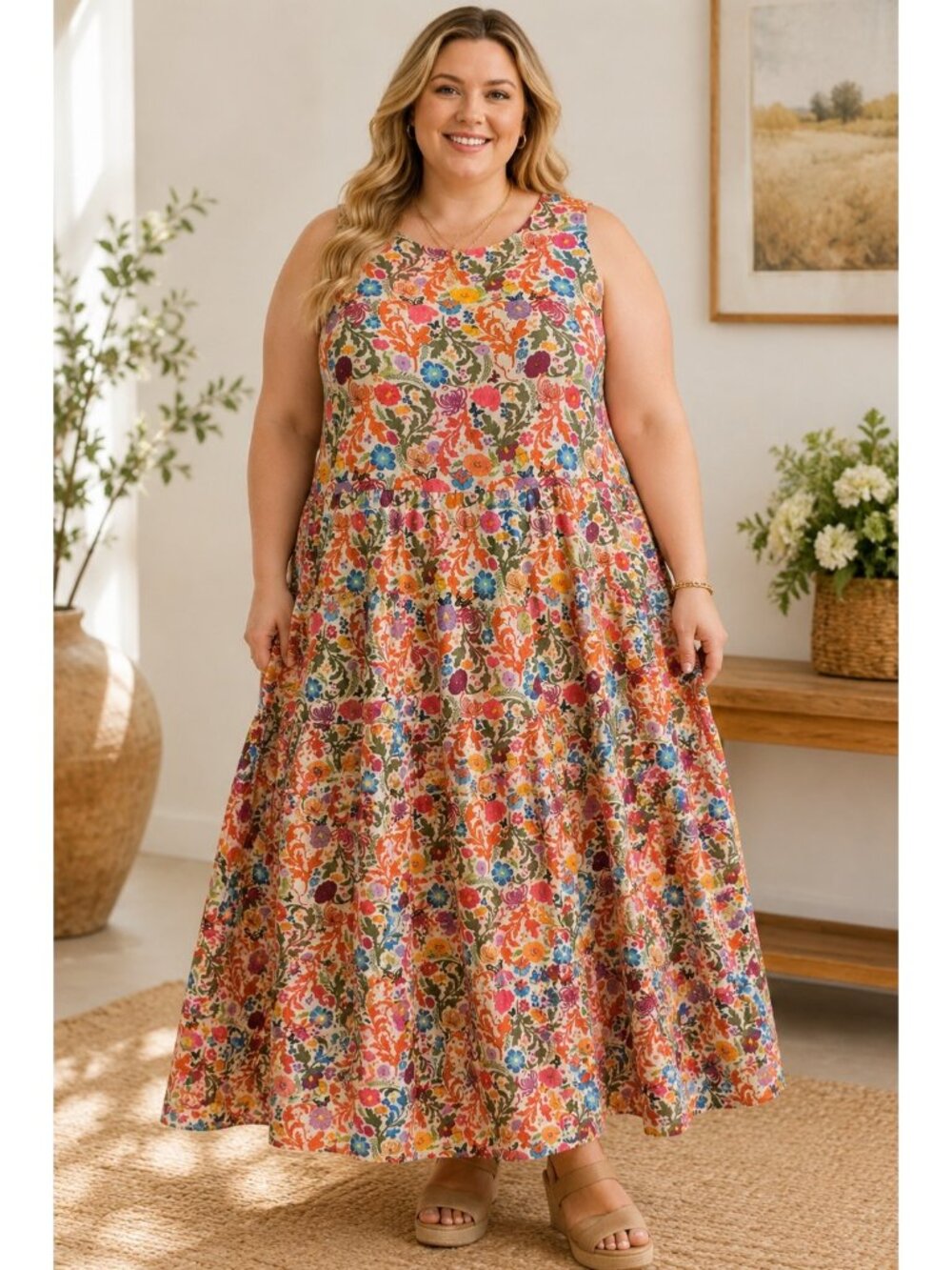 Mixed 3X Floral Linen Blend Tiered Maxi Dress Boho Cottagecore Butterfly